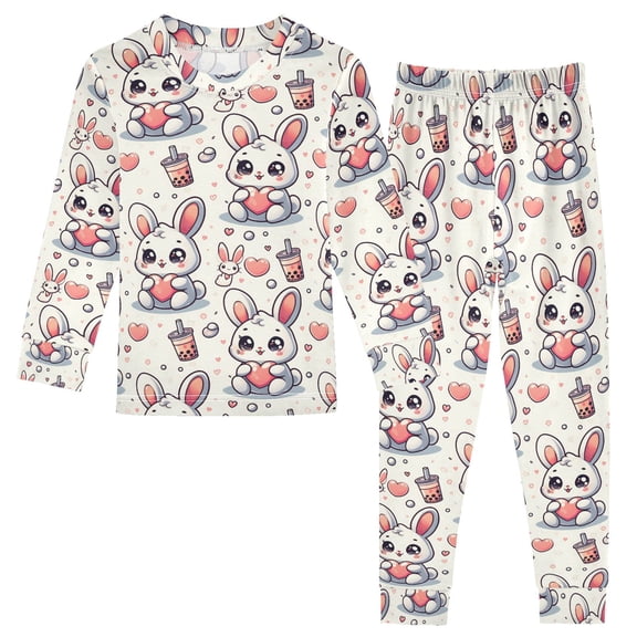 Christmas Pajamas Cute Rabbit Heart and Bubble Milk Tea Background Cute Comfortable Cotton Two-piece Christmas Pajamas Set