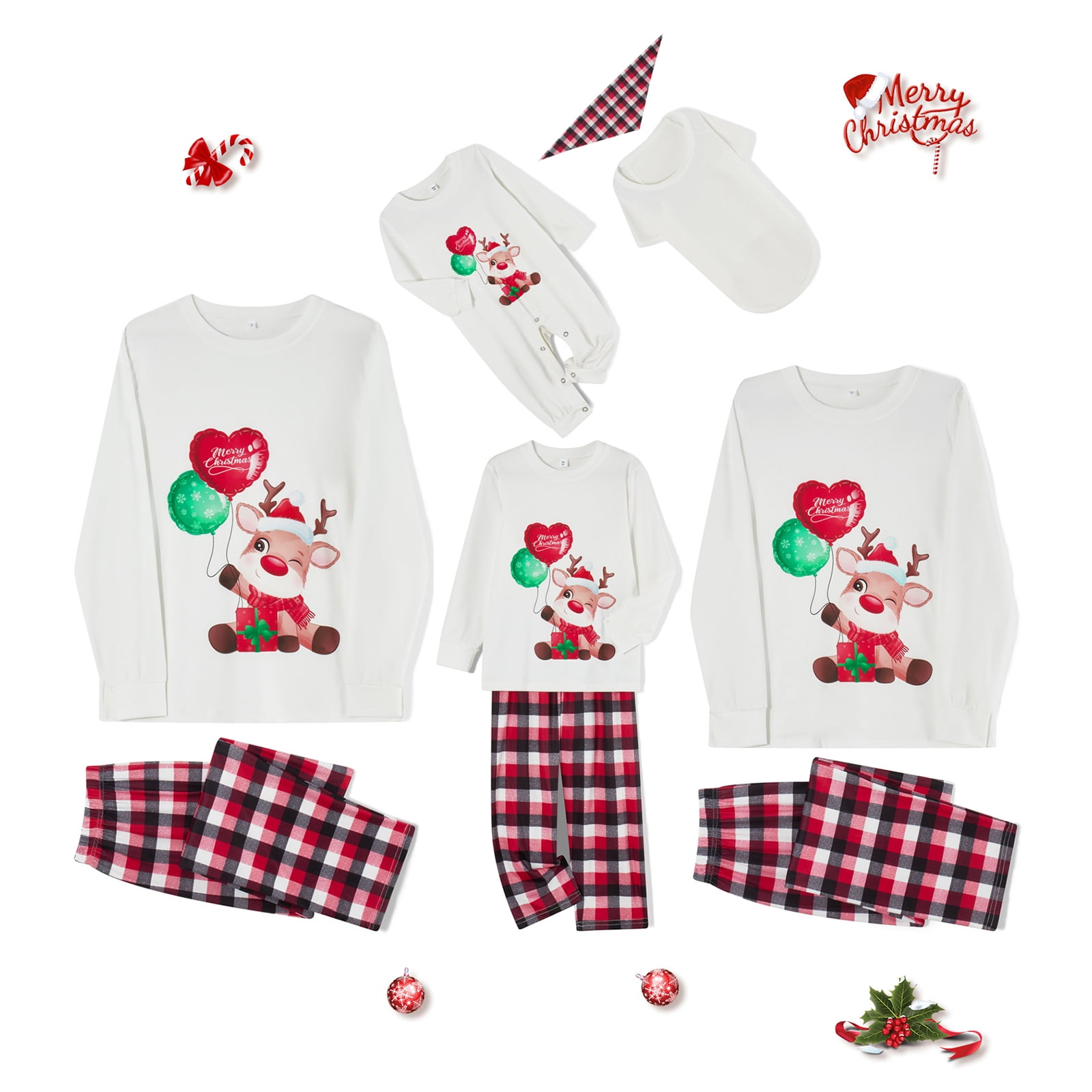 Christmas Pajamas Elk Print Long Sleeve Tops and Plaid Pants Sleepwear