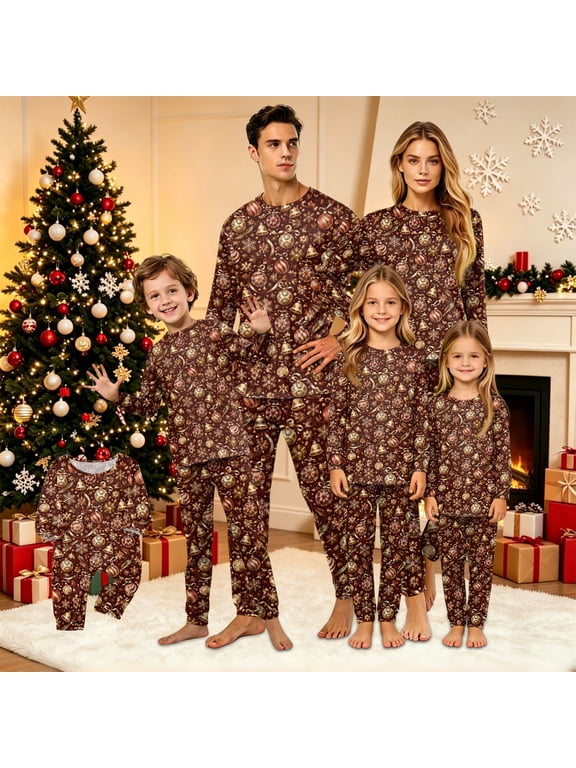 Christmas Pajamas for Family for Christmas Eve, Brown Christmas Graphic Print, Long Sleeve Romper, Size 3 Months, Matching Christmas PJs, Sold Separately