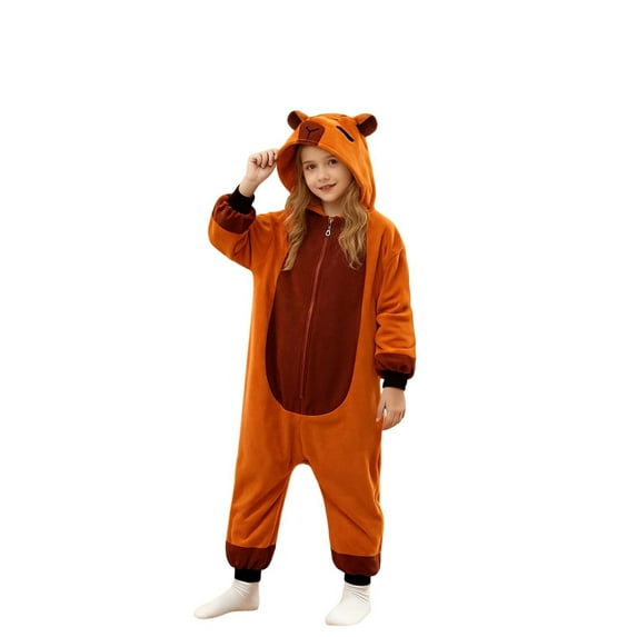 Christmas Pajamas For Family Christmas Family Matching Kids Romper Long Sleeve Hooded Full Length Pants Animal Print Soft Sleepwear For Kids Brown 100