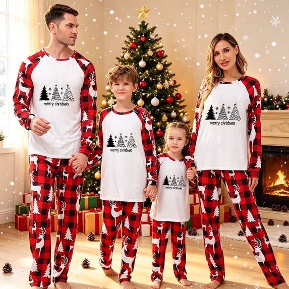 Christmas Pajamas for Family, Cotton Pajamas for Family Sets, Long Sleeve 2 Piece Set, Relaxed Fit Round Neck Top, Holiday Pajamas Sleepwear Dad Mom Kids Baby PJs