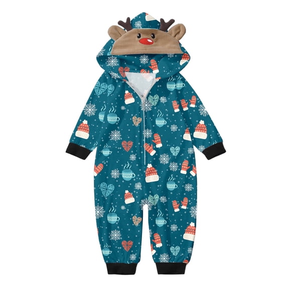 Christmas Pajamas for Family Matching Cute Xmas Graphic Snowflake Printed Long Sleeve Jumpsuits with Reindeer Hood Holiday Sleepwear Blue Baby 12-18 Months