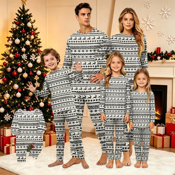 Christmas Pajamas Family, Matching Family Christmas Pajamas, Family Matching Pajamas, Black Reindeer Fair Isle Long Sleeve Crew Neck Soft Cozy Loungewear Set for Holiday