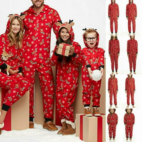 Christmas Pajamas Family Matching Hoodie Pjs Reindeer Romper Long Sleeve One Piece Jumpsuit Zipper Pyjamas for Adult Kids Baby