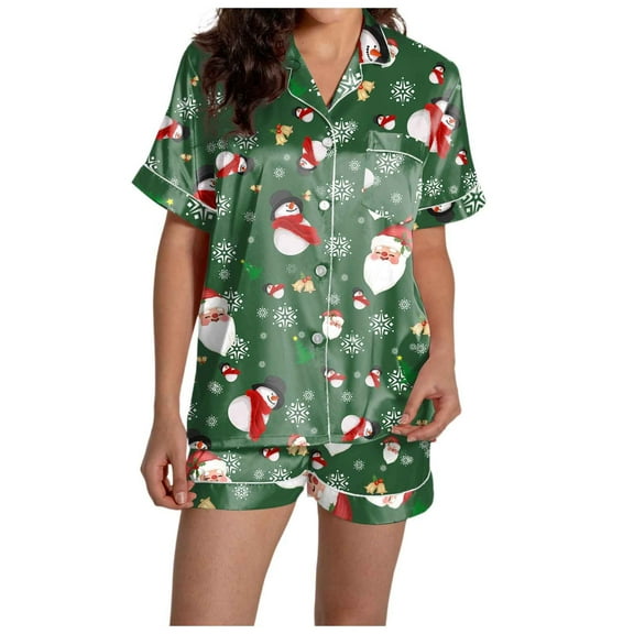 Christmas Pajamas Family Matching Pajamas For Women Set Casual Christmas Print Pajama Set Silk Satin Short Sleeve Button Up Top And Shorts Set