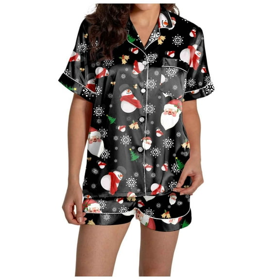 Christmas Pajamas Family Matching Pajamas For Women Set Casual Christmas Print Pajama Set Silk Satin Short Sleeve Button Up Top And Shorts Set