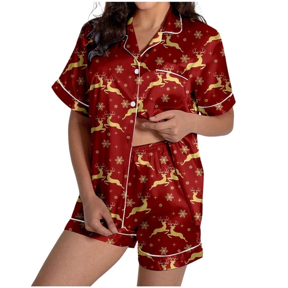 Christmas Pajamas Family Matching Pajamas For Women Set Christmas Reindeer Print Silk Satin Short Sleeved Button Up Pajamas Set