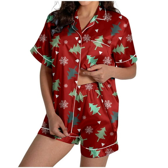 Christmas Pajamas Family Matching Pajamas For Women Set Christmas Reindeer Print Silk Satin Short Sleeved Button Up Pajamas Set