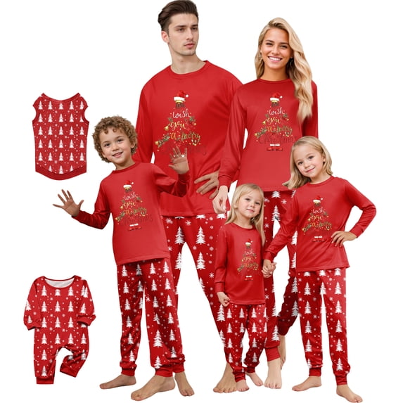 Christmas Pajamas Family Matching Set - 2 piece Red Christmas Tree with Santa Hat Print Long Sleeve Top and Pants , Matching Pajamas for Family Holiday Christmas Eve for 4 Years Pjs
