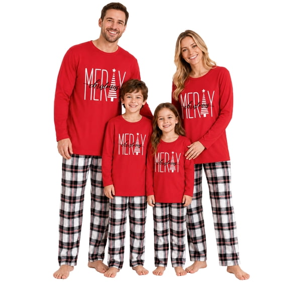 Christmas Pajamas Family Matching Sets, Cute Printed Xmas 2 Piece Sleepwear Pjs Jammies, T shirt Tops + Plaid Pants Set for Couples/Women/Men