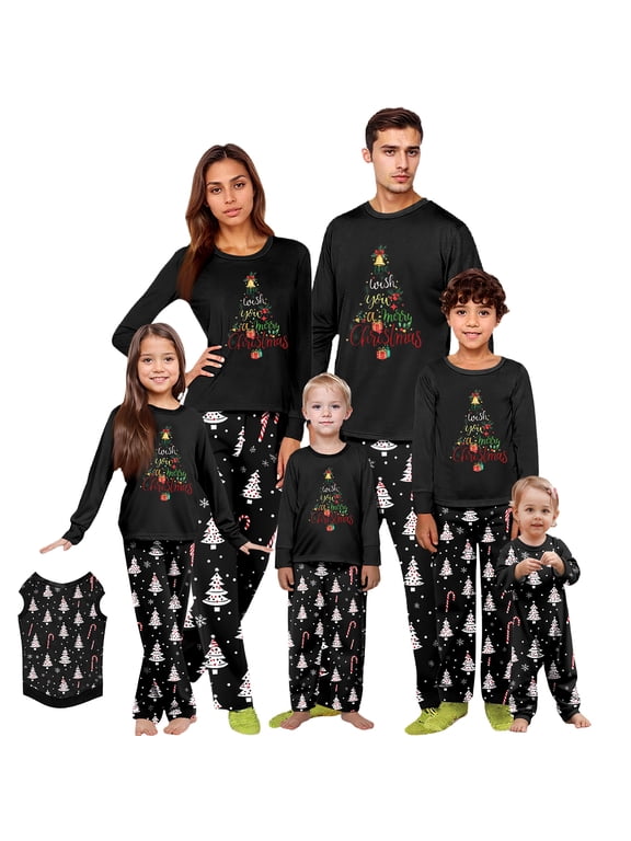 Christmas Pajamas Family Set - 2 piece Black Christmas Tree with Santa Hat Print Long Sleeve Top and Pants Loungewear, Casual Christmas Pajamas Sets for Family Holiday Eve for L Pjs