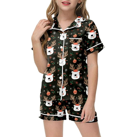 Christmas Pajamas Girls Classic Preppy Soft Lightweight Christmas Candy Printed Button Short Sleeve Lapel T Shirt Short Pants 2 Piece Loungewear Matching Set Christmas Gifts for Grandkids