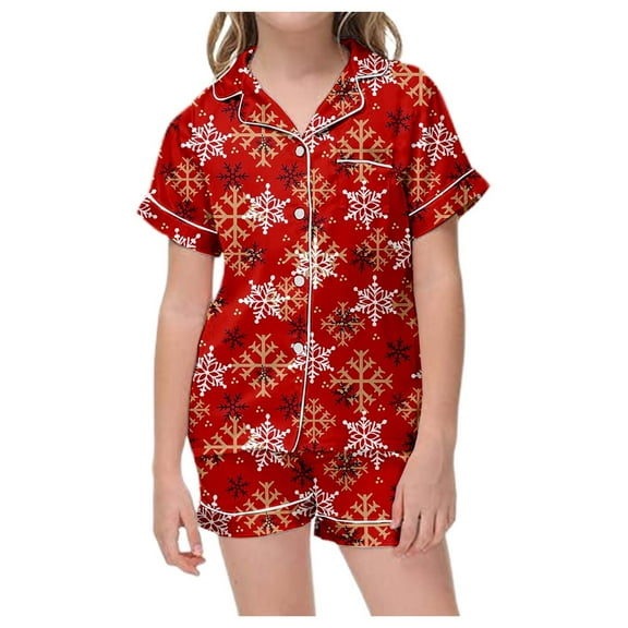 Christmas Pajamas for Kids Shorts Satin Silk Button Down Xmas Graphic Sleepwear Girls Short Sleeve Lapel T Shirt Short Pants 2 Piece Matching Set Loose Nightwear for Girls Blue, 8-9 Years