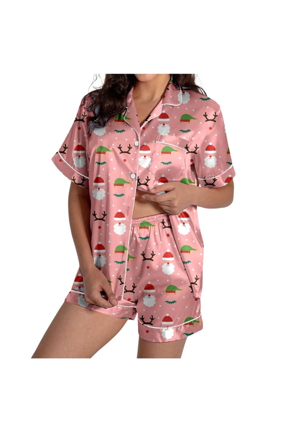 Christmas Pajamas Ladies' Christmas Tree Printed Silk Satin Short Sleeve Button Sleepwear Set