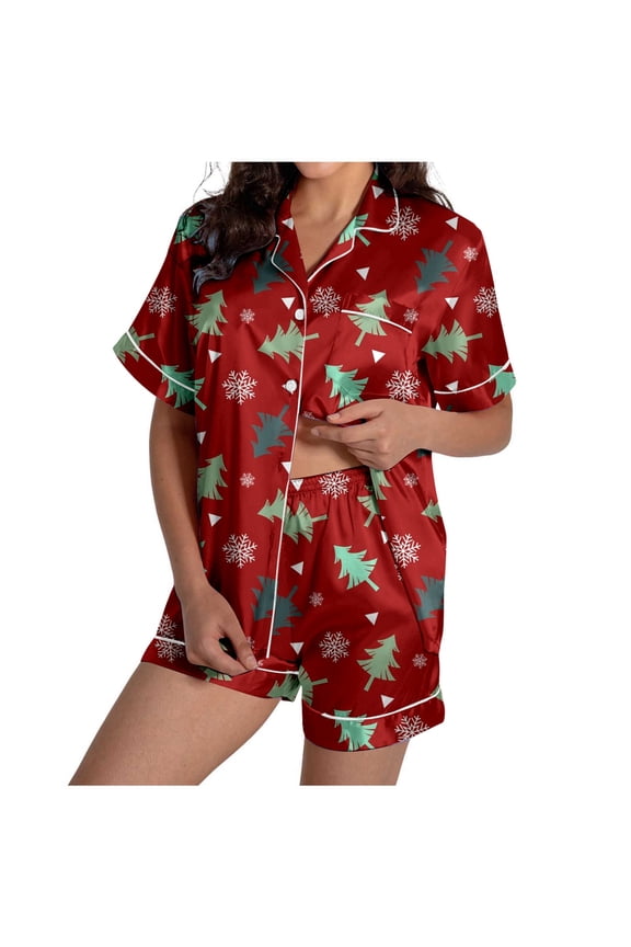 Christmas Pajamas Ladies' Christmas Tree Printed Silk Satin Short Sleeve Button Sleepwear Set