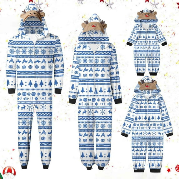 Christmas Pajamas Matching Set for Family Vintage Print Zip Up Hooded Jumpsuit Soft Onesie Holiday Clothes Sleepwear Baby 18 Months