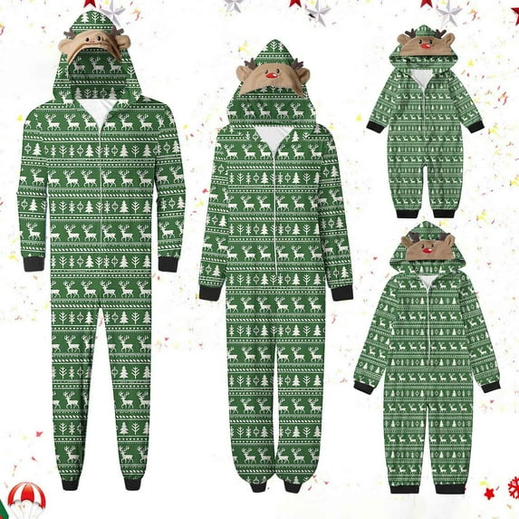 Christmas Pajamas Matching Set for Family Vintage Print Zip Up Hooded Jumpsuit Soft Onesie Holiday Clothes Sleepwear Baby 3 Months