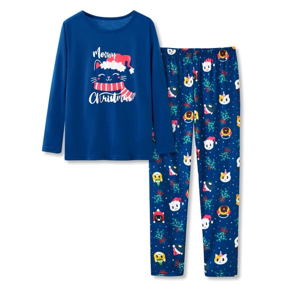 Beezizac Christmas Pajamas Navy Cat Unisex Toddler & Big Kid Holiday Sleepwear Funny PJ Set Outfit Size 18