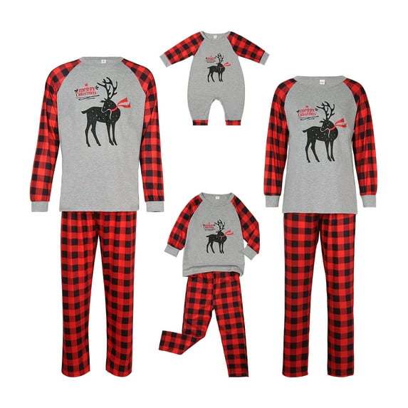 Christmas Pajamas Reindeer Print Long-Sleeves Tops with Plaid Pants Jumpsuit for Father, Mother, Kids Nightwear Outfit Clothes