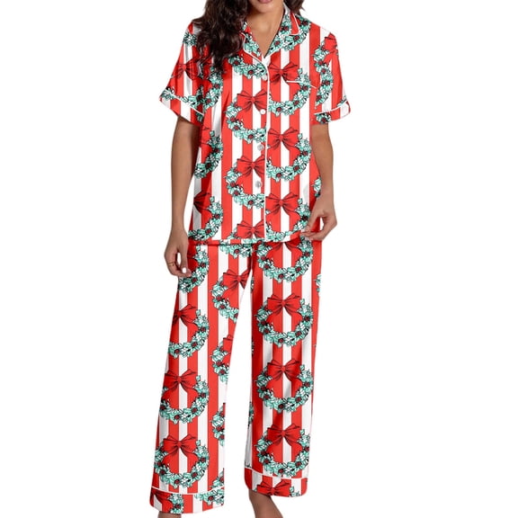 Christmas Pajamas Satin Pajama Short Sleeve Button Down Top With Comfortable Pants Soft Sleepwear For Cozy Nights And Relaxation