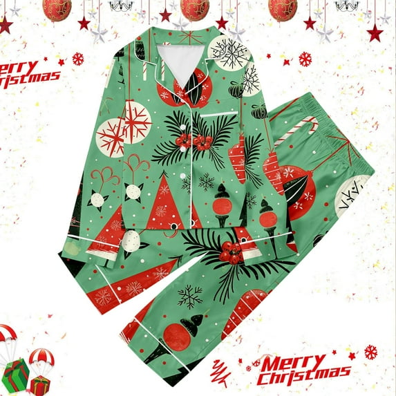 Christmas Pajamas Set Silk Pajamas Girls Long Sleeve Button Down Top pants Set Kids Girl Pajamas Size 9-10 Years