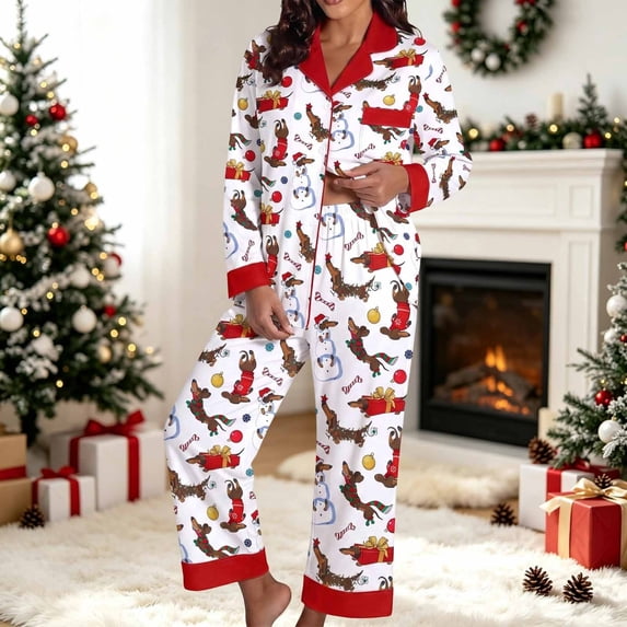 Christmas Pajamas Set for Women Cute Dachshund Print Long Sleeve Button Down 2 Piece Pjs Sets (Red M)