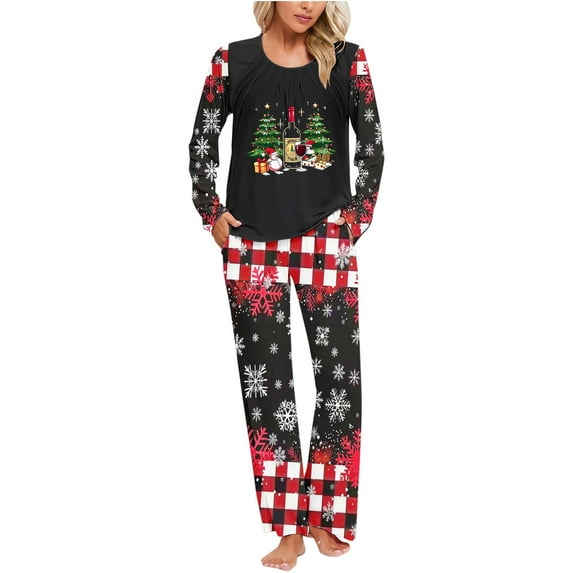 Christmas Pajamas Set for Women Soft Long Sleeve Shirt with Pjs Pants Red Wine Glasses Print Buffalo Plaid Sleepwear