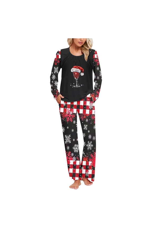 Christmas Pajamas Set for Women Soft Long Sleeve Shirt with Pjs Pants Red Wine Glasses Print Buffalo Plaid Sleepwear