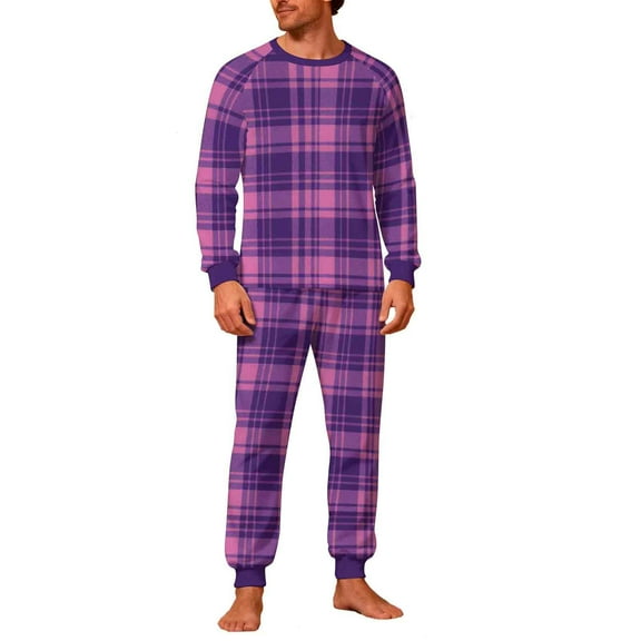 Christmas Pajamas Sets for Men Long Sleeve 2 Piece Pjs Outfits Lounge T-Shirts and Jogger Pant Home Sleepwear (2XL, Purple A|Plaid)
