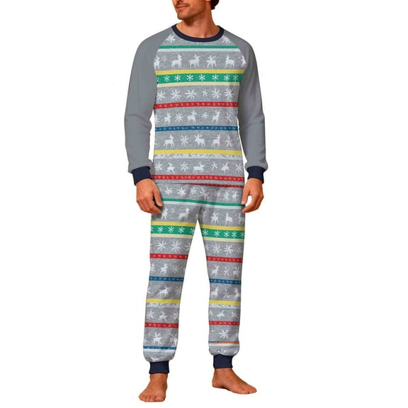 Christmas Pajamas Sets for Men Long Sleeve 2 Piece Pjs Outfits Lounge T-Shirts and Jogger Pant Home Sleepwear (L, Gray|Deers)