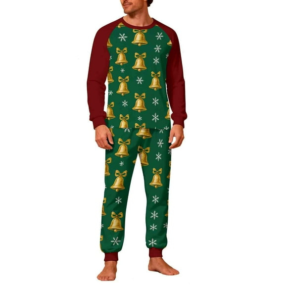 Christmas Pajamas Sets for Men Long Sleeve 2 Piece Pjs Outfits Lounge T-Shirts and Jogger Pant Home Sleepwear (M, Green|Bells)