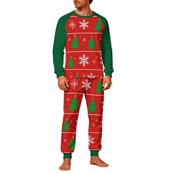 Christmas Pajamas Sets for Men Long Sleeve 2 Piece Pjs Outfits Lounge T-Shirts and Jogger Pant Home Sleepwear (M, Red|Xmas Tree)