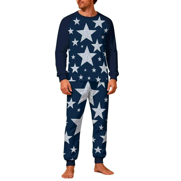 Christmas Pajamas Sets for Men Long Sleeve 2 Piece Pjs Outfits Lounge T-Shirts and Jogger Pant Home Sleepwear (S, Navy|Stars)