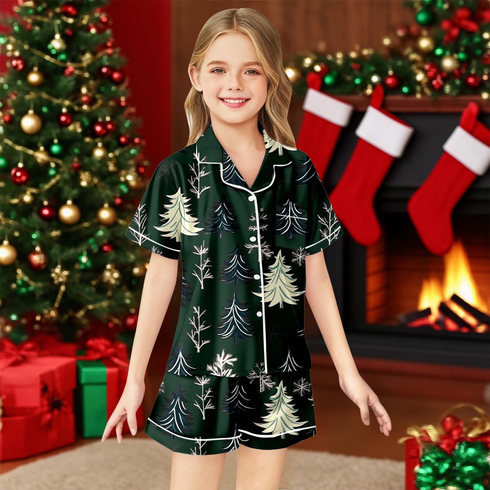 Christmas Pajamas Toddler Cute Satin Pajamas for Girls Short Sleeve Button  Down Top Shorts Set Tween Preppy Stuff for Girls 10-11 Years