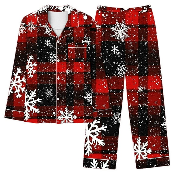 Christmas Pajamas Women 2 Piece Pant Sets Snowflake Print Long Sleeve Button Up Shirt with Bottoms Pjs Outfits, Xmas #L S