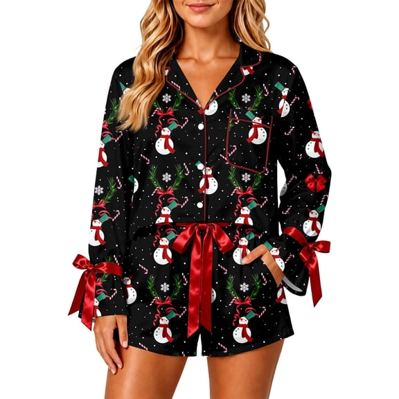 Christmas Pajamas for Women Christmas Snowman Print Satin Bow Tie Button Pajamas Sets 2 Piece Soft Short Sleeve Shirts and Shorts Set Holiday Fall Winter Lounge Sleepwear,Black,2XL