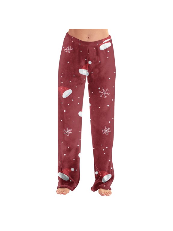 Christmas Pajamas for Women Fall Flannel Christmas Snowflake Print Pajama Pants Comfy Elastic Waist Holiday Sleep Loungewear Pants Casual Soft Pj Bottoms Wine L