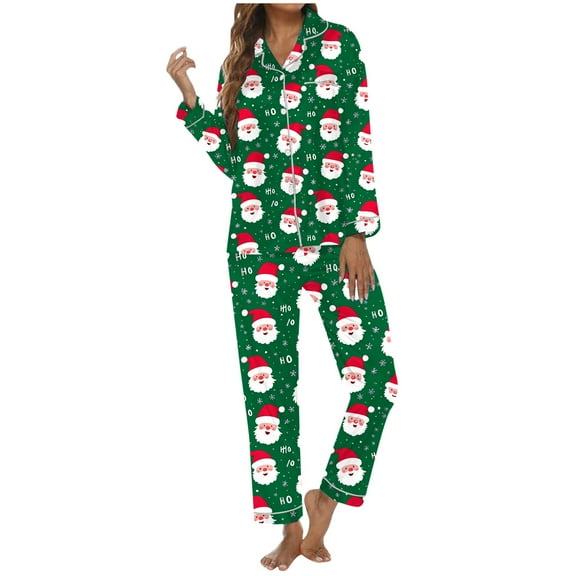 Christmas Pajamas for Women Long Sleeve Button Down Cozy Santa Print Nightwear Sleepwear Outfit Casual Loose Fall Winter Soft Comfy Womens Loungewear Green S