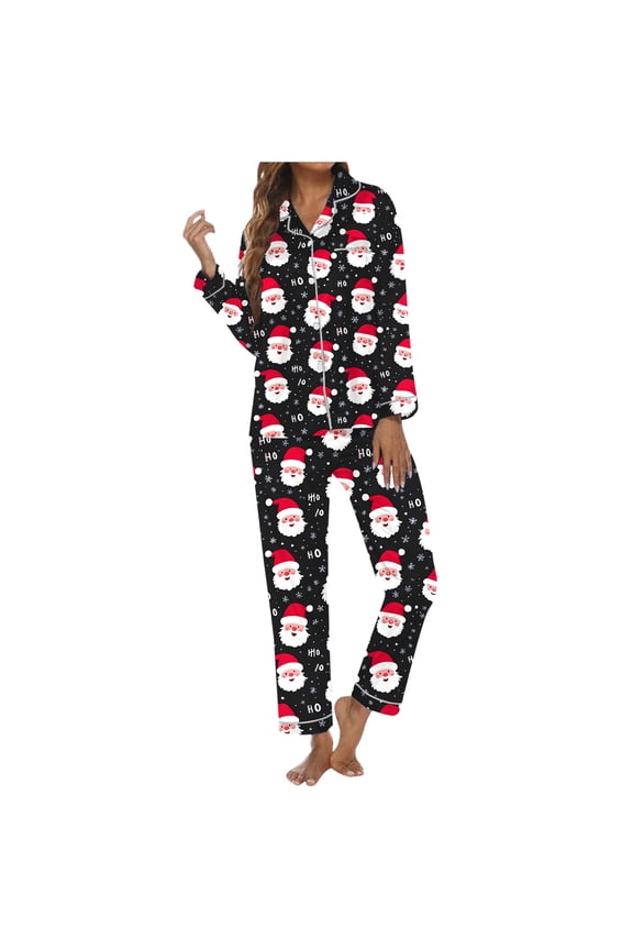 Christmas Pajamas for Women Long Sleeve Button Down Cozy Santa Print Nightwear Sleepwear Outfit Casual Loose Fall Winter Soft Comfy Womens Loungewear Set Black L