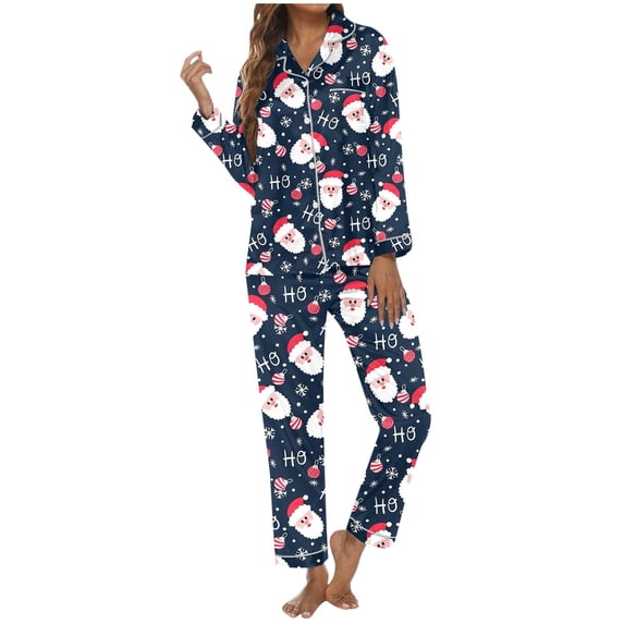 Christmas Pajamas for Women Long Sleeve Lapel Cozy Button Down Nightwear Sleepwear Outfit with Pocket Casual Fall Winter Soft Comfy Loose Womens Loungewear Set Blue S