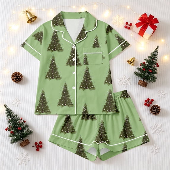 Christmas Pajamas Women Matching Short Sleeve Xmas Cute Print Tops Shorts Set Button Down Holiday 2 Piece Loungewear Sets for Vacation Gifts Family Party