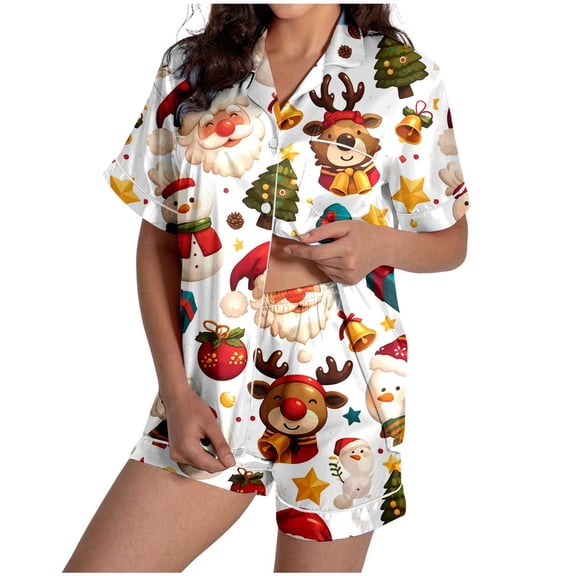 Christmas Pajamas Women Printed Short Sleeve Pajama Tops Shorts Soft Comfy Sleepwear Nightwear Pjs Sets for Women White L