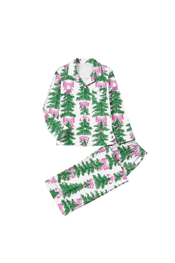 Christmas Pajamas for Women Set Cute Bow&Snowflake Print Pjs 2-Piece Button Down Long Sleeve Shirts with Long Pants Soft Stretchy Loungewear Two Piece Sleepwear Comfy Homewear with Pockets