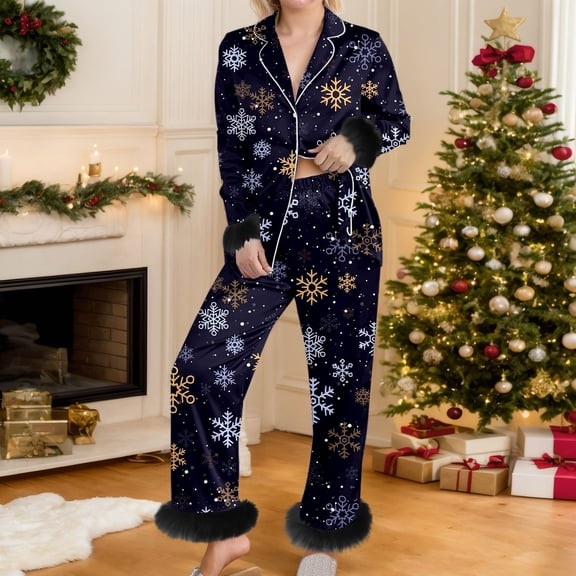 Christmas Pajamas For Women Set Fashion Funny Xmas Graphic Loose Casual Collar Long Sleeve Button Up Loungewear Soft Two Piece Holiday Sleepwear Pant With Pockets