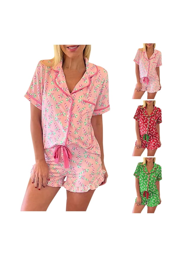 Christmas Pajamas for Women Short Sleeve Button Down Collared Cozy Nightwear Sleepwear Outfit Shorts Cane Print Casual Fall Winter Soft Comfy Womens Loungewear RD2 L