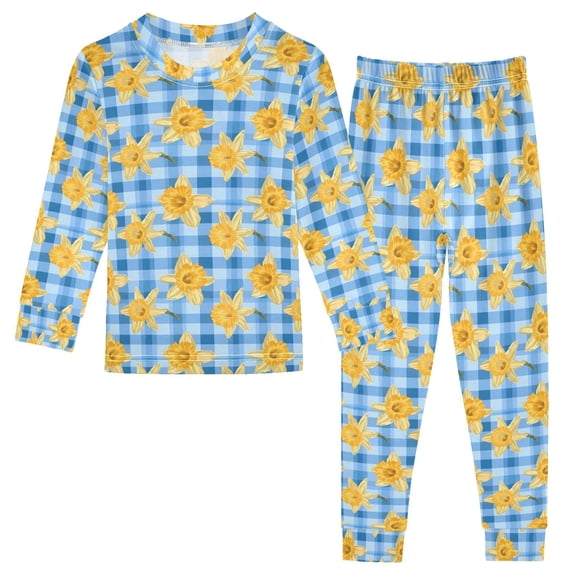 Christmas Pajamas Yellow Daffodils on A Blue Checkered Background ...