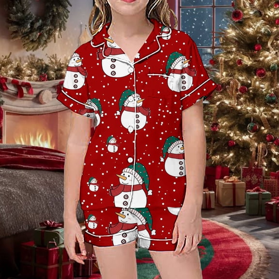 Christmas Pajamas for Boys Kids Summer Homewear Printed Short Sleeve Button Down Shirt Shorts Pajama Suits Christmas Pjs Kids Red