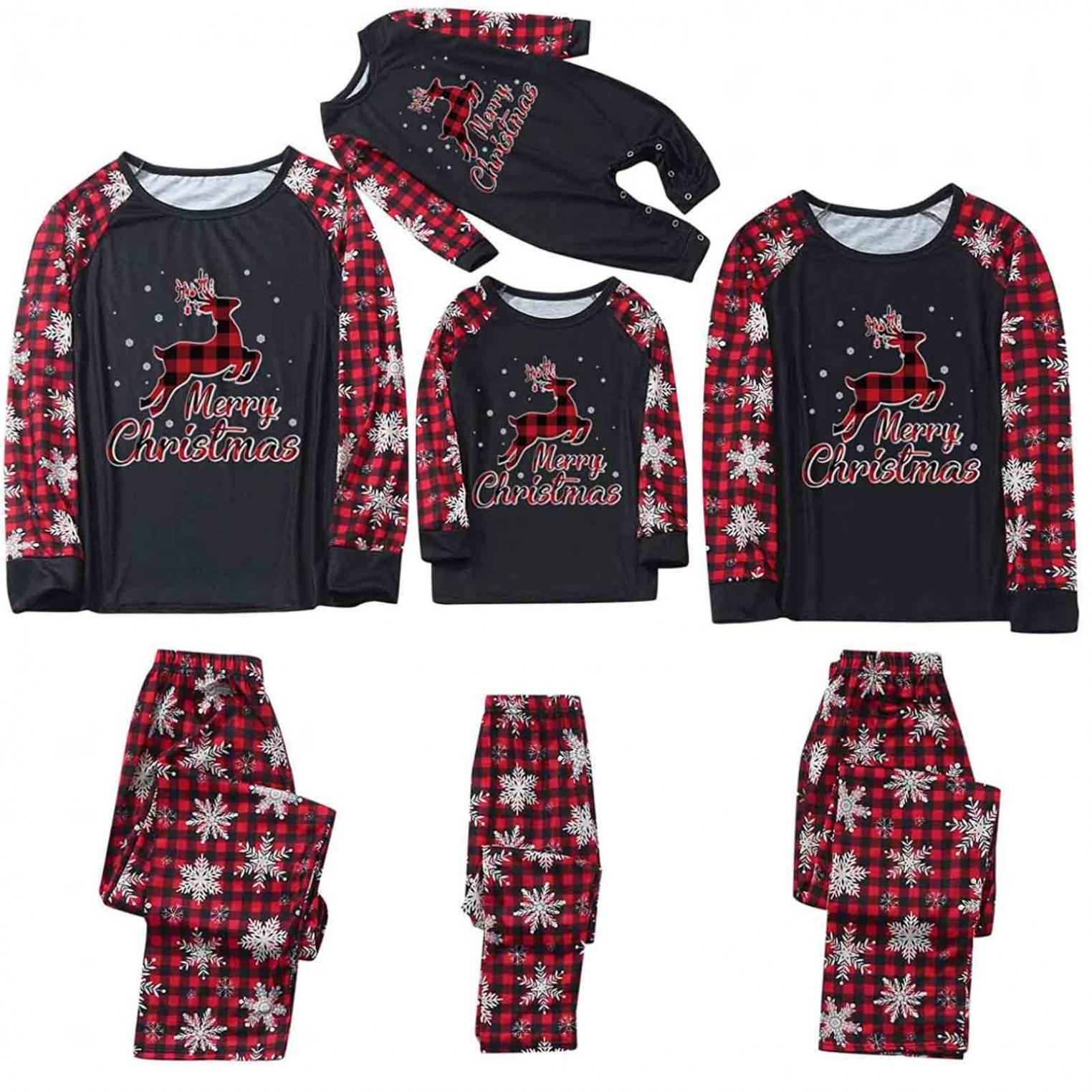 Christmas Pajamas for Family 2024 Cute Elk Reindeer Print Red Plaid