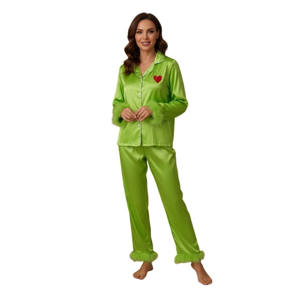 Christmas Pajamas for Family Green Satin Silk Button Down Shirts Pant Jammies Matching Pjs Outfits