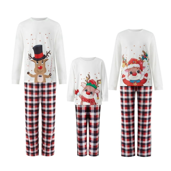 Christmas Pajamas for Family, Long Sleeve Cartoon Deer Print Tops   Plaid Pants Set